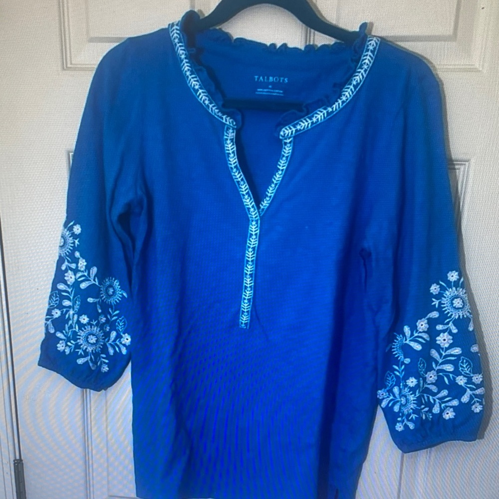 Talbots Royal Blue Embroidered 3/4 Sleeve Tunic